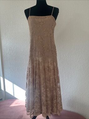 Vintage Gold Taupe Lace Maxi Dress with Spaghetti Straps